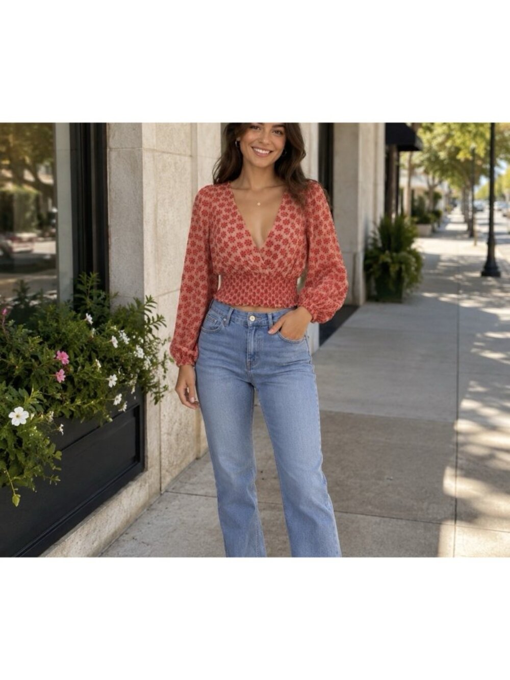 Zara Smocked Crop Top Embroidered Dark Pink Red Floral Print Puff Sleeves S
